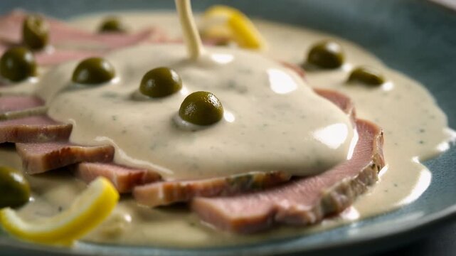 Pouring creamy tuna sauce over sliced meat dish with caper berries and lemon