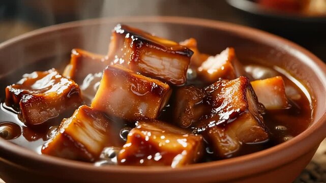 Close-up of savory braised pork belly cubes in a rich dark sauce steaming hot in a rustic ceramic bowl