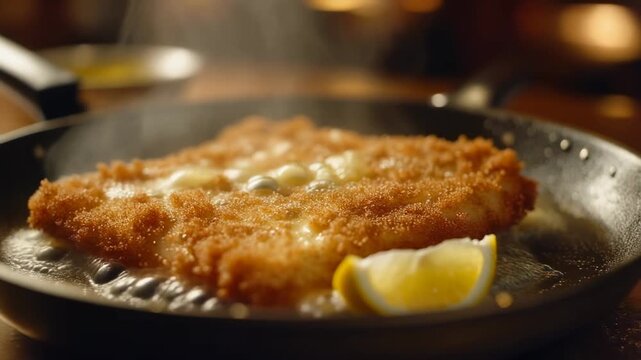 Sizzling golden-brown breaded cutlet (schnitzel) frying in hot butter with a lemon wedge in a pan