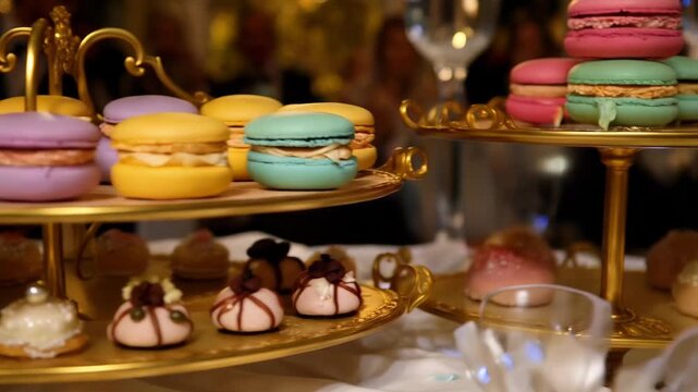 Colorful macaroons and sweets on a stand at a celebration event with people in the background