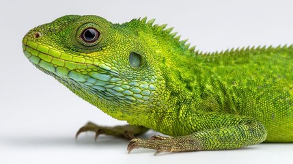 Isolated green reptile on a neutral white background with sharp focus on scales and eyes