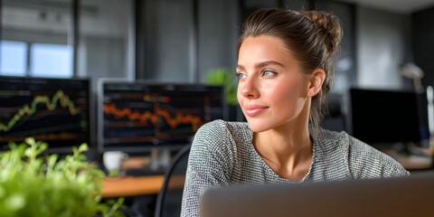 Professional woman using laptop for remote business work while analyzing financial news online