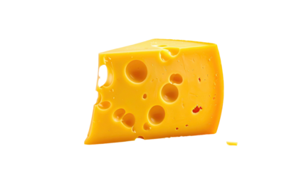 A triangular, yellow-orange cheddar cheese wedge with distinct holes, isolated on a black background