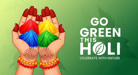 Fototapeta premium Hands holding organic Holi colors with a green-themed background promoting an eco-friendly celebration of the festival. festival of colors. Colorful Holi background. holi poster design, holi