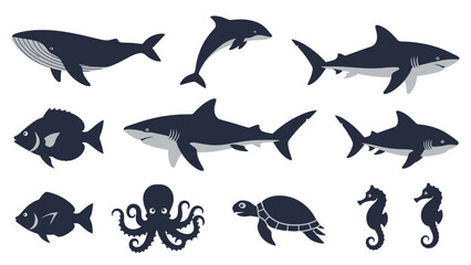 Obraz premium Marine Animal Silhouette Vector Set – Sea Life Icons Collection