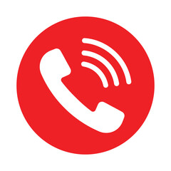 Bold red circular icon featuring a white phone handset with signal waves, symbolizing calling, communication, hotline support, and emergency contact services. Clean.