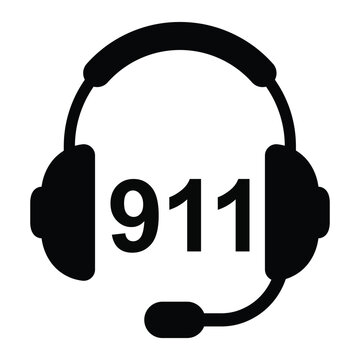 Black and white vector icon of a headset with &ldquo;911&rdquo; in the center, representing emergency dispatch, call center support, and urgent communication services. Clean, bold design for safety and emergency 