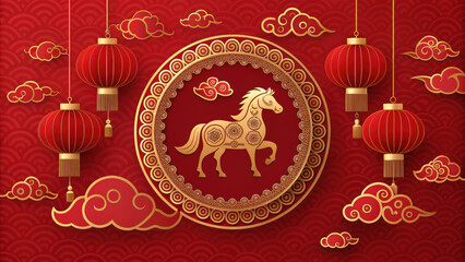 Chinese new year 2026 celebration with golden horse symbol red lantern and decorative clouds on red background for festive joy