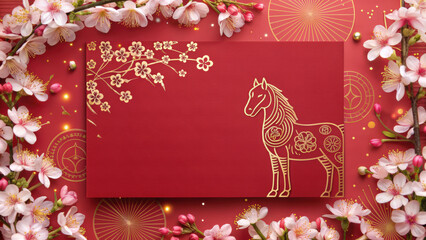 Chinese new year 2026 greeting card with golden horse and cherry blossom flowers on red background celebrating spring festival joy