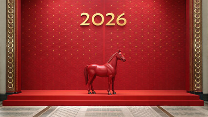 Red horse statue on red stage with golden 2026 sign celebrates Chinese New Year 2026 in elegant festive setting full of joy and tradition