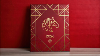 Chinese new year 2026 celebration card with golden horse design on red background for festive decoration and greeting