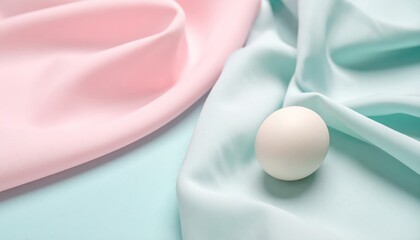 White egg sitting on top of blue and pink silk fabric with.