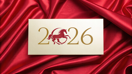 Chinese new year 2026 celebration card with horse symbol on red silk fabric background for festive decoration and greeting