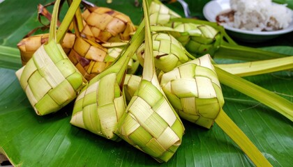 Bunch of bananas on banana leaf next to bowl of rice and.