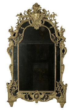 Beautiful antique rococo mirror isolated transparent background dark surface elaborate gold gilt frame detailed carvings scrolled ornamentation luxurious vintage decorative element