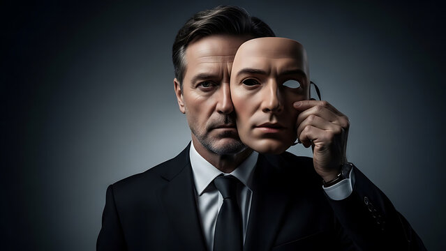  Businessman placing artificial face over real face symbolizing deepfake identity manipulation multiple personality and digital deception concept
