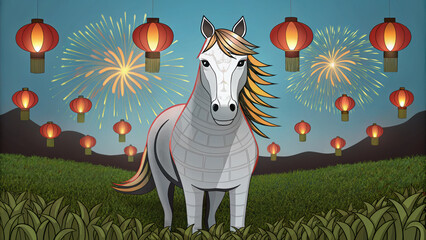 Chinese new year 2026 celebration with horse symbol fireworks and lanterns in night sky over green field