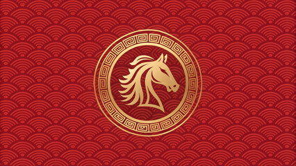 Chinese new year 2026 celebration with golden horse symbol on red background featuring traditional pattern and festive design