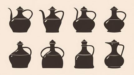 flagons. Dark brown elliptical silhouettes of flagons with spouts on light background. bar promotions, beverage menus, designed for product packaging and bar promotions, used by video editors.