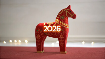 Red horse figurine decorated with golden patterns celebrates Chinese New Year 2026 with festive charm and bright lights in new joyful setting