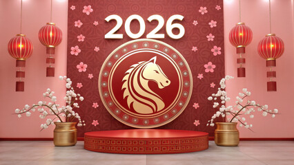 Chinese new year 2026 celebration with horse symbol red lanterns and floral decorations on stage for festive event