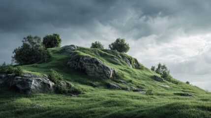 Green hill under cloudy sky