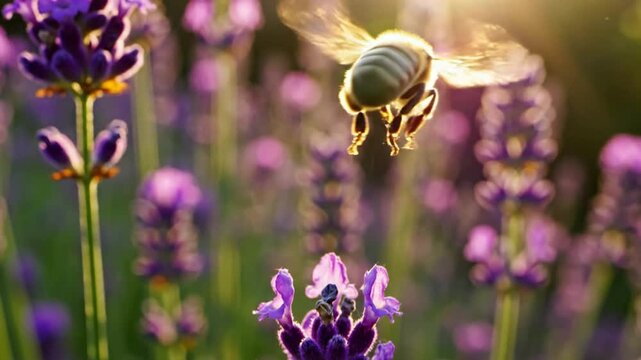 Close-up of a bee taking off from a lavender flower in a field, backlit by the sun, showcasing pollination and natural beauty