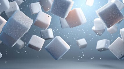 Floating sugar cubes in mid-air creating a dynamic visual effect with sparkling droplets and soft lighting showcasing the gradual descent and motion of sweet granules in a captivating display - Powered by Adobe