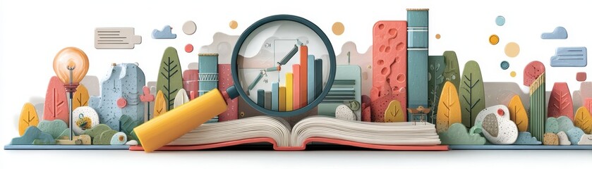 A colorful illustration of an open book with a magnifying glass, showcasing graphs against a backdrop of buildings and nature, symbolizing research and discovery