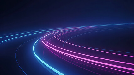 Vibrant neon light trails on dark navy blue abstract background glow