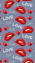 Red lips hearts love pattern on gray background white