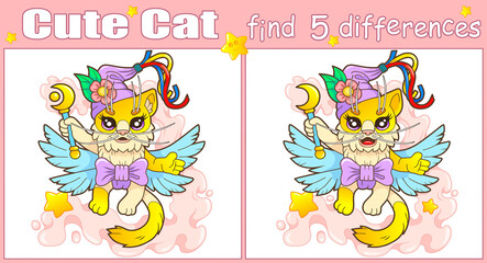 cute wizard cat, find five differences illustration
