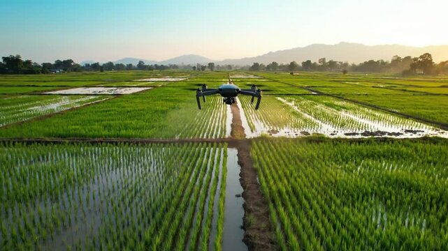 Drone spraying farmland with pesticides, modern agriculture, crop dusting rice fields at sunset