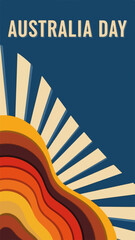 1950s retro illustration featuring vibrant colors and waves representing celebration against a contrasting blue background for Australia Day with copy space.