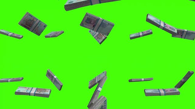 Uzbekistan Som banknotes falling on green screen, UZS currency rain