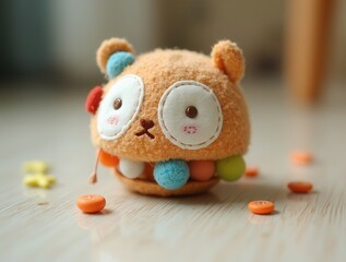 Handmade plush toy with big eyes looking at buttons