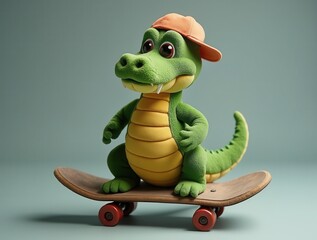 Cute cartoon alligator wearing baseball cap riding skateboard