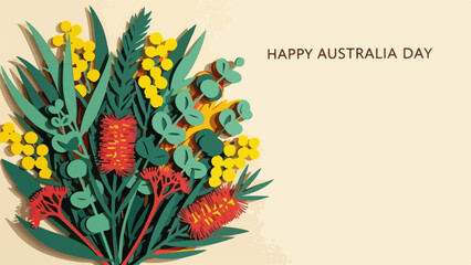 Colorful Paper Cut Floral Arrangement for Happy Australia Day Festival Poster, Greeting Cards, and Event Promotions