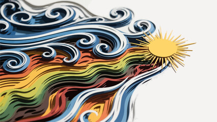 Artistic Paper Cut Design of Colorful Waves and Sun for Australia Day Festival Posters, Creative Backgrounds, Social Media Graphics, and Art-oriented Websites