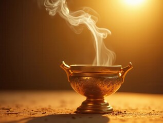 Golden censer releasing aromatic smoke in a warm light