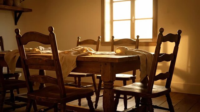 Sunlit dining room with wooden table and chairs, warm and inviting