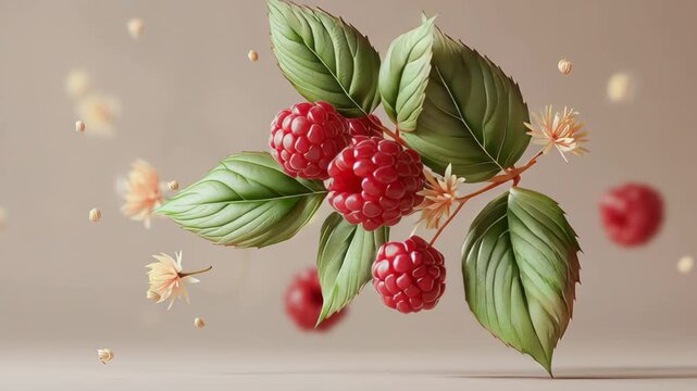 Vibrant raspberry cluster with lush green leaves floating in mid-air, showcasing intricate details of fruit and foliage in a visually engaging composition with dynamic movement