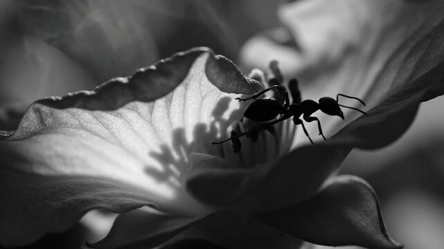 A Silhouetted Ant Explores a Delicate Flower's Petals in a Dramatic Black and White Macro Shot