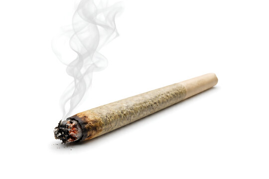 Rolled cannabis joint with burnt tip, realistic smoke detail, isolated on a white background