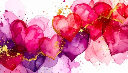 Vibrant pink and purple hearts with gold accents on white background