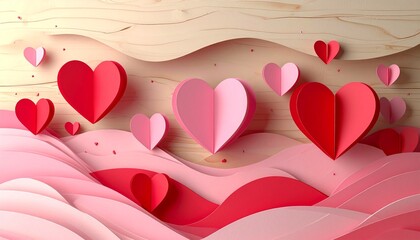 Vibrant pink and red hearts on wooden background for Valentine's Day
