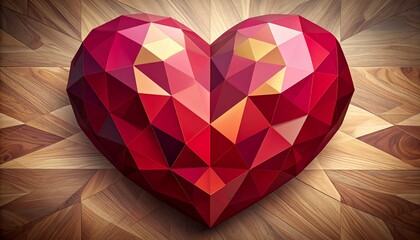 Vibrant red heart shape with geometric facets on wooden background