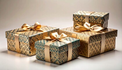 Three gold and blue gift boxes with bows on top of each.
