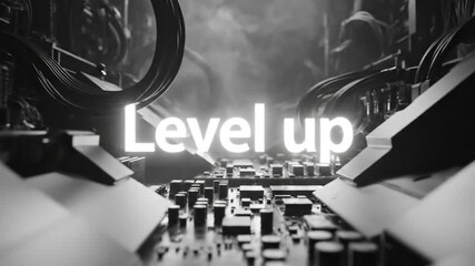 Futuristic electronic system with circuit boards, cables, and the text Level Up in glowing white. - Powered by Adobe
