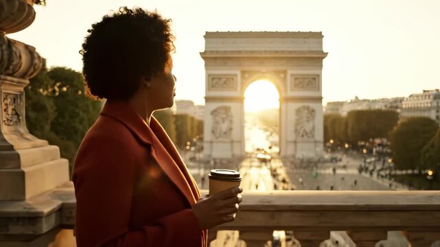 Woman drinks coffee near Arc de Triomphe at sunset in Paris. Tourist enjoys coffee by Paris monument. Woman with coffee views Arc at sunset. Parisian landmark with tourist drinking coffee outdoors.
